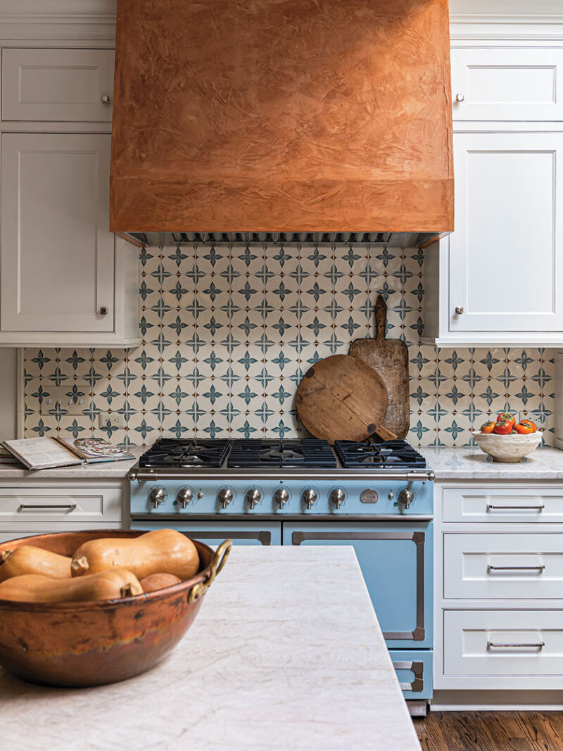French inspired kitchen with powder blue range