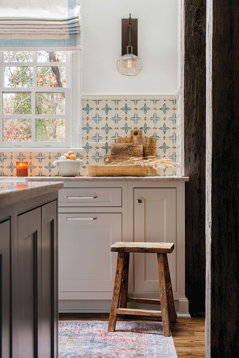 details of renovated kitchen with blue and French inspired renovation
