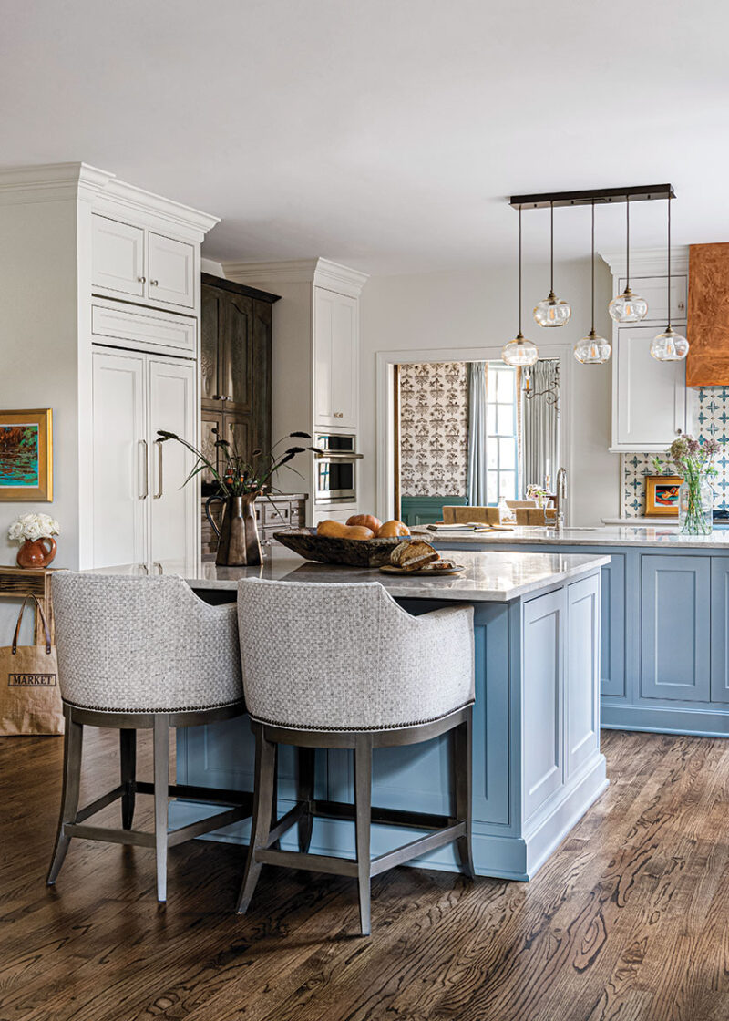 open concept kitchen with French blue cabintery