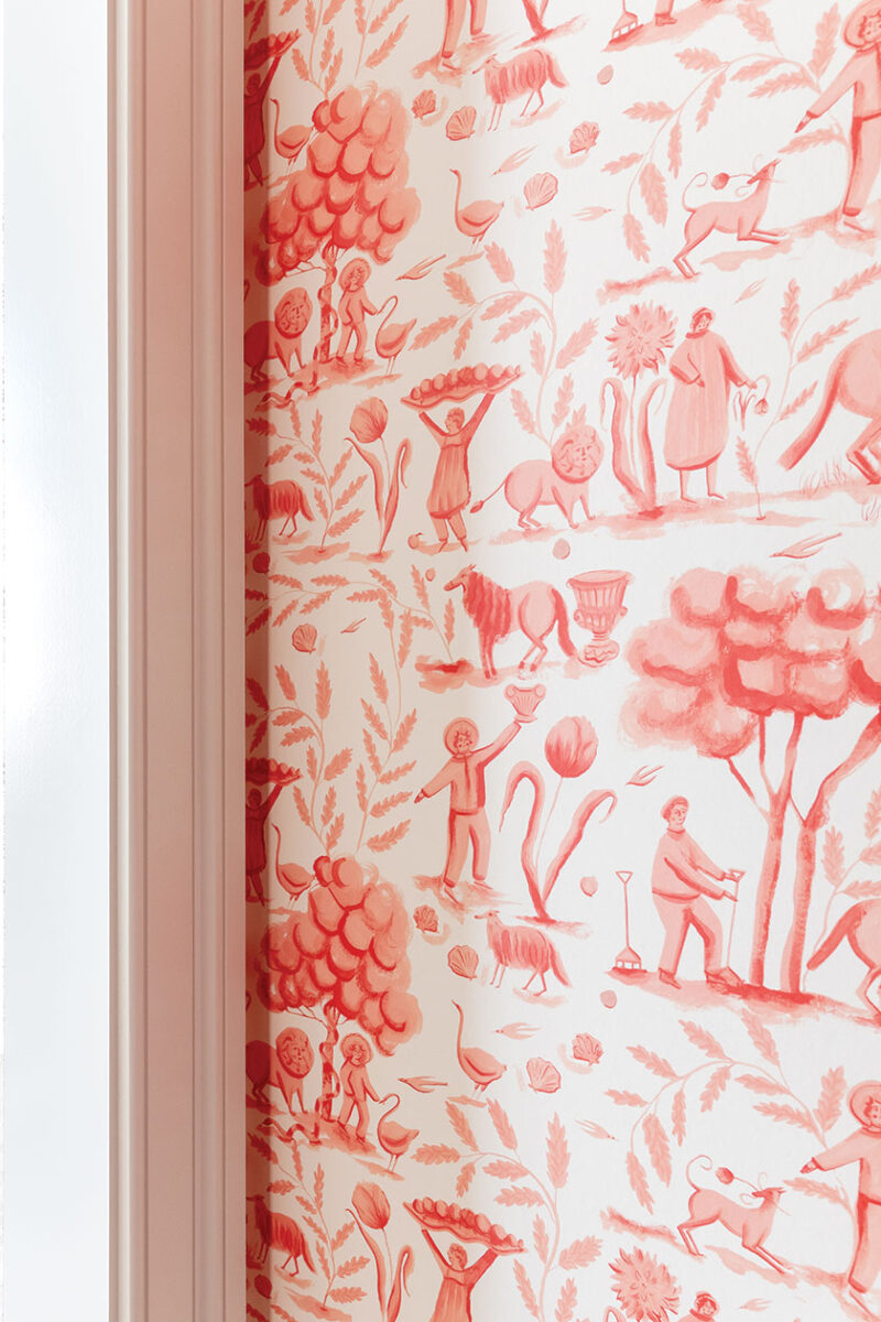 close up of folklore inspired red and white wallpaper