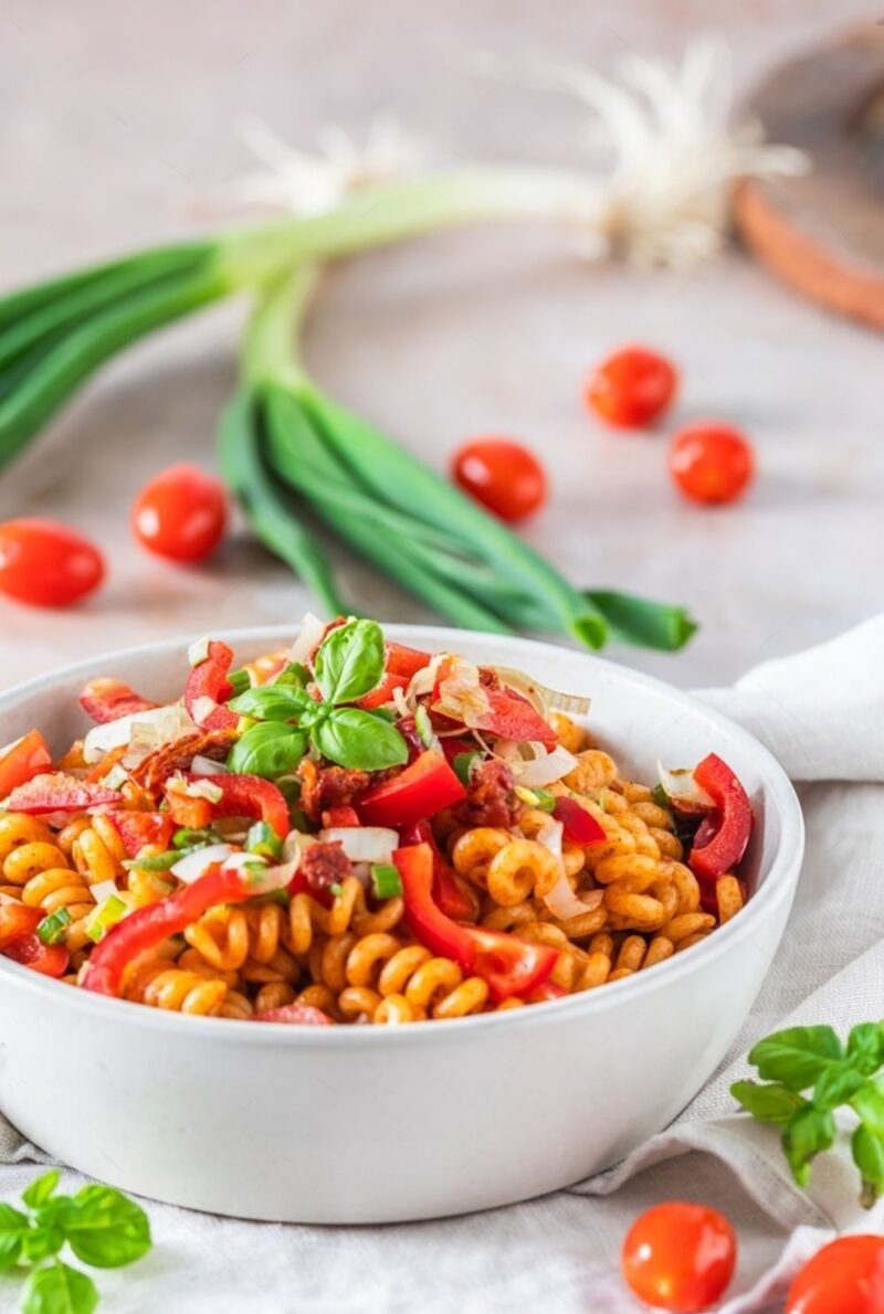 pasta salad in a white bowl