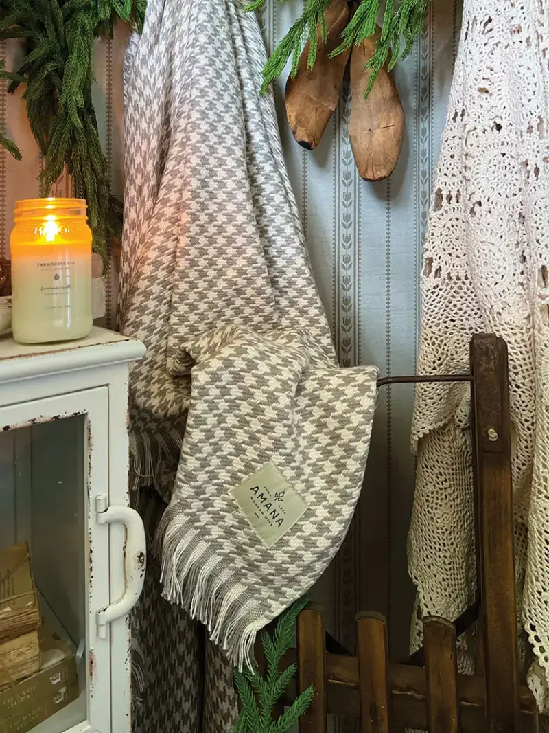 Amana Woolen Mill throw in Bryan's cozy little Christmas home