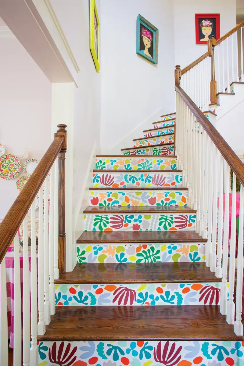 decorating with color includes bright patterns on staircase risers