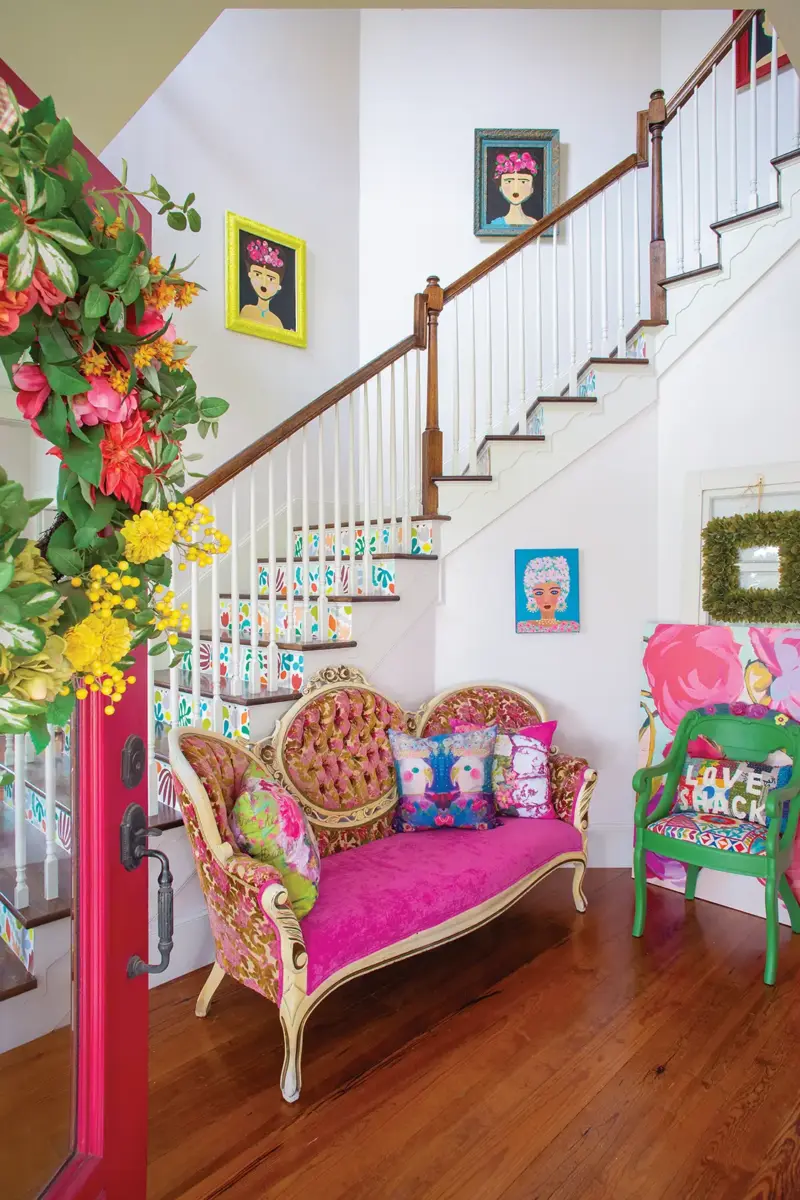 decorating with color with entryway seating with bright upholstery