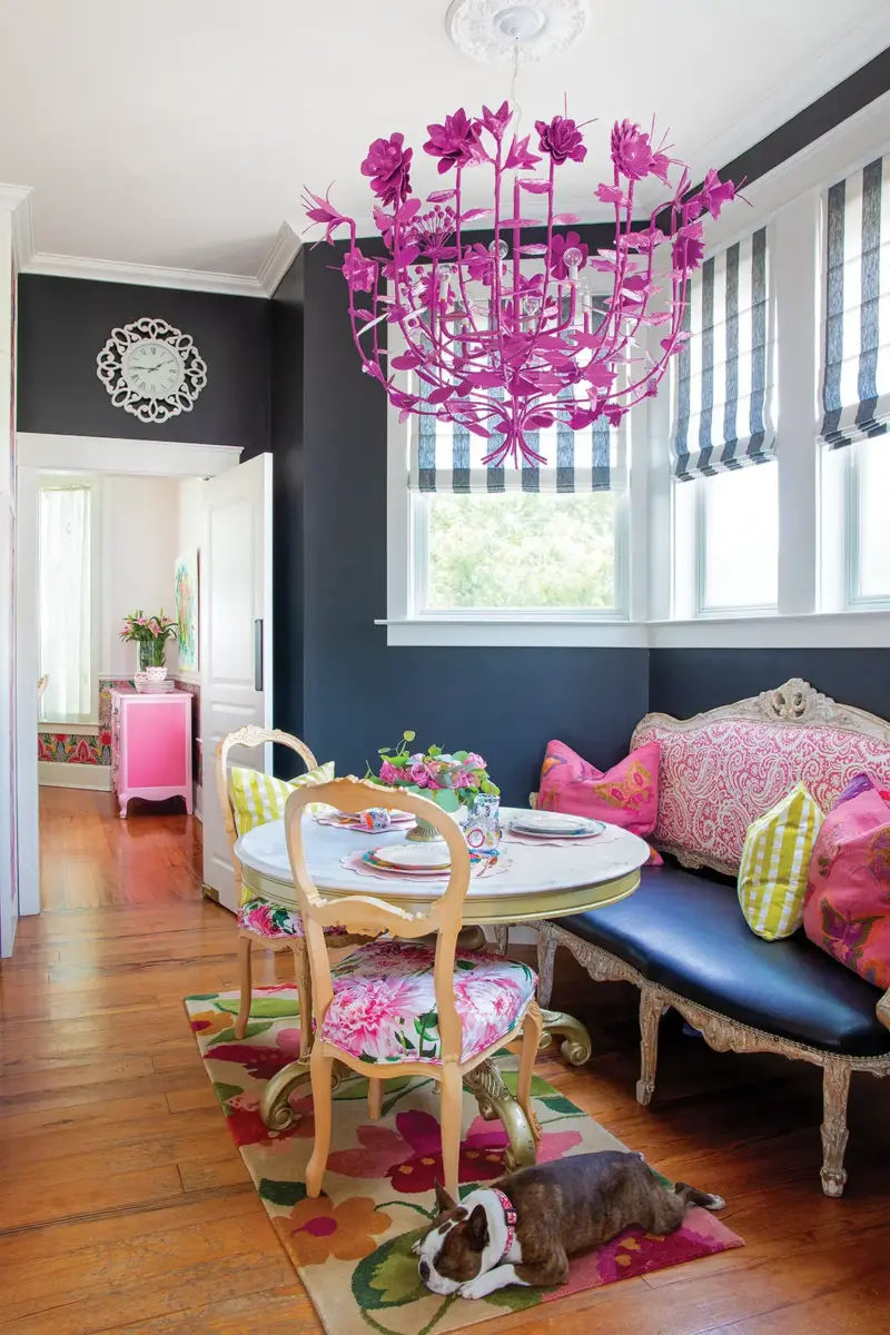 dining room with navy blue and pink theme