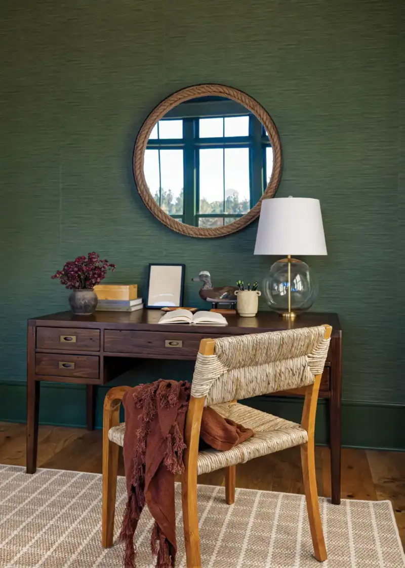 green grasscloth wallpaper and duck figurine in The Mallard House desk