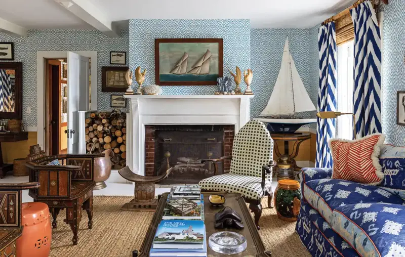 blue ikat wallpaper and nautical decor in coastal Maine cottage