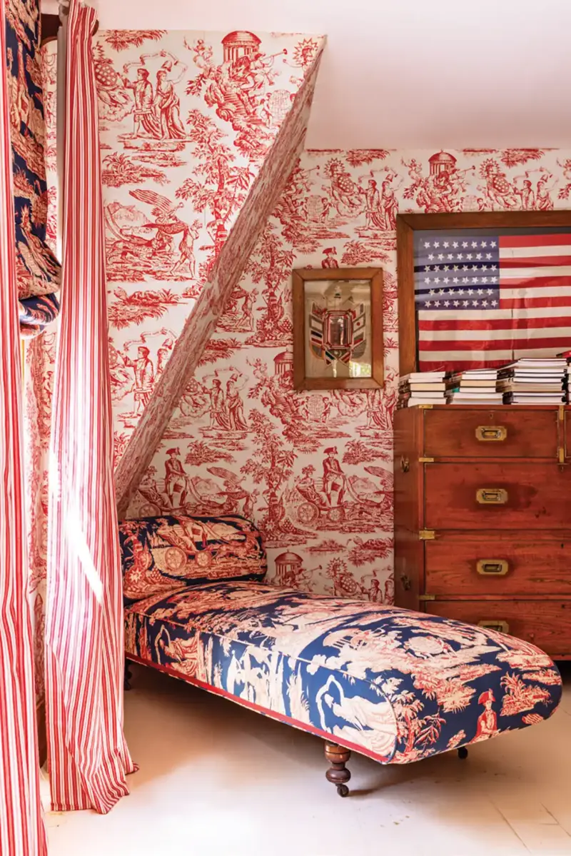 Woodlawn historic inn with traditional red and white wallpaper and red white and blue color scheme