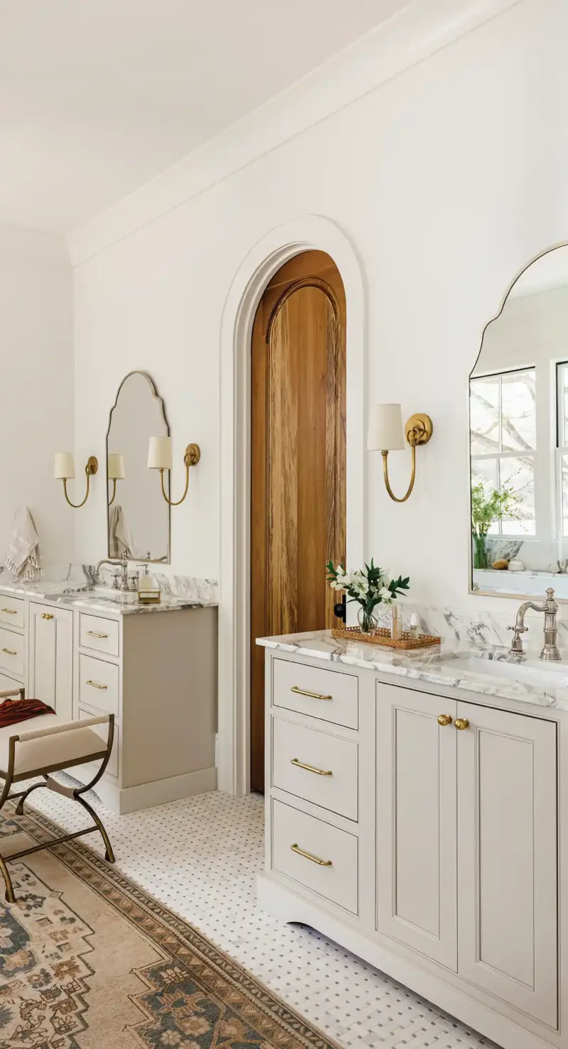 his and her sinks in Mallard House primary bathroom with rounded wood door