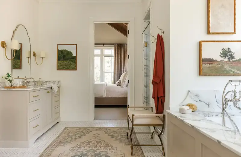 master bathroom with separate shower and tub and his and her sinks in the Mallard House