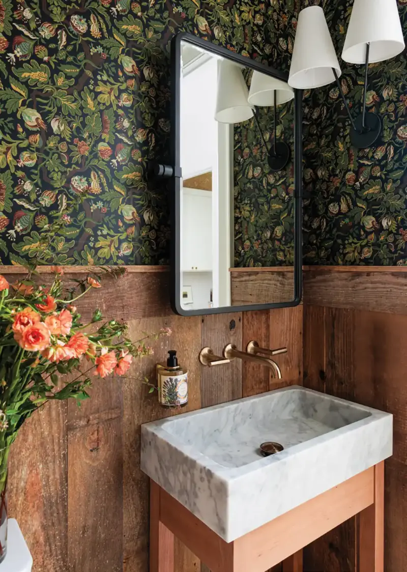 powder room with marble sink and vintage botanical style wallpaper