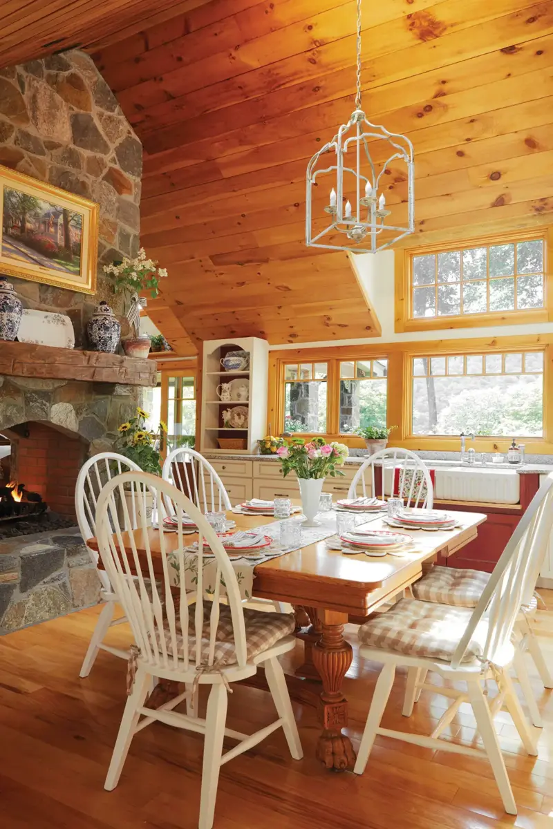kitchen with stone hearth and view in 1939 cottage