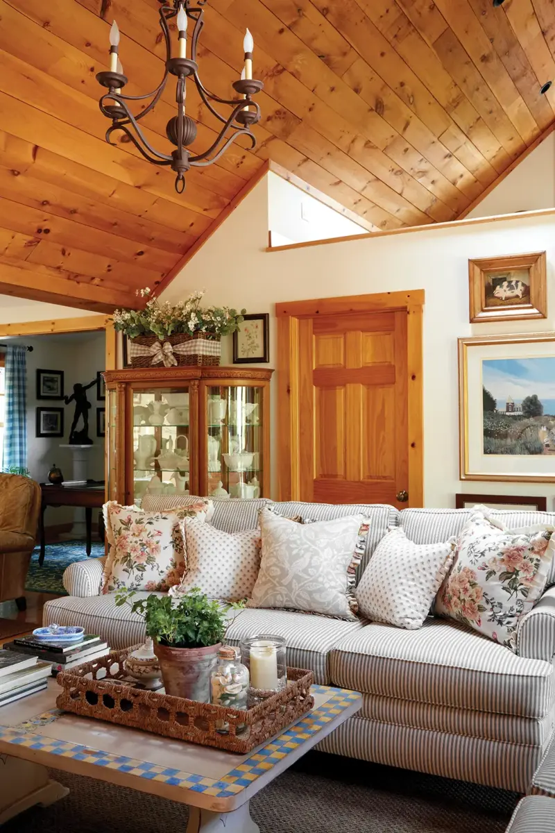 living room with blue and cream ticking stripe sofa