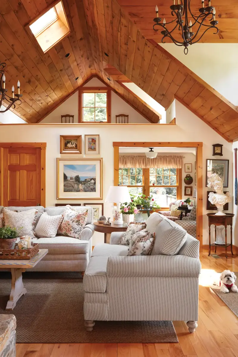 living room with charming wood roof in renovated 1939 cottage