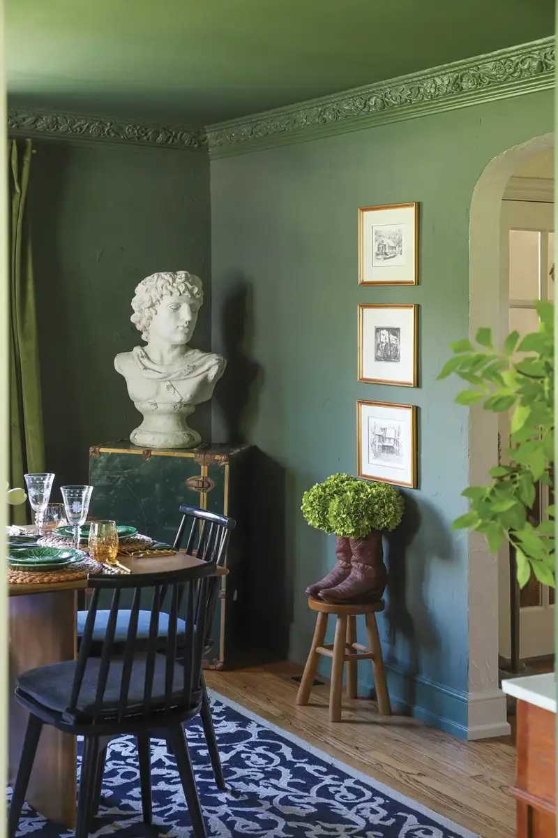 framed art and hydrangeas in boots for decor in refreshed 1926 Tudor home