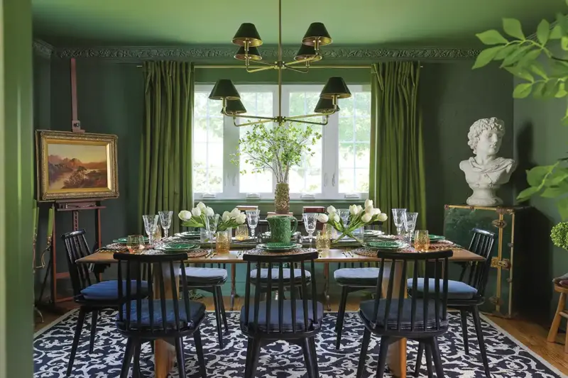 green dining room with large white bust and framed landscape painting in 1926 Tudor home refresh