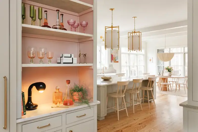 shelving in renovated North Carolina kitchen with glass and stemware