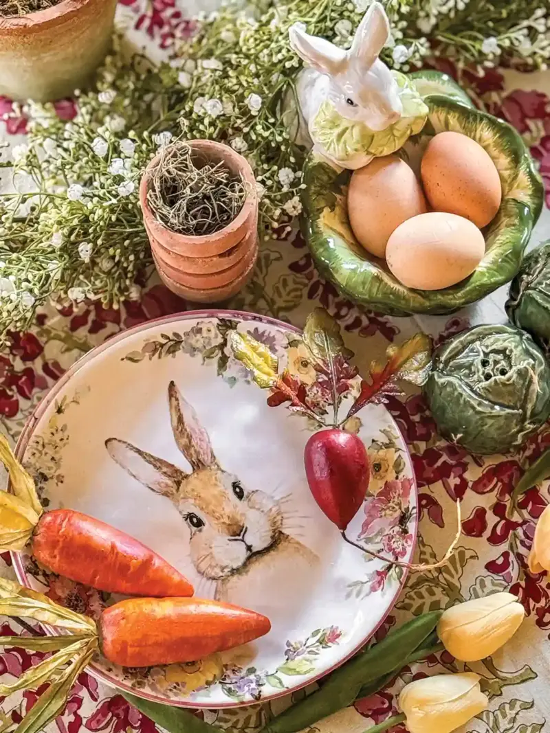 rabbit plates with carrots and radishes for spring tablescape