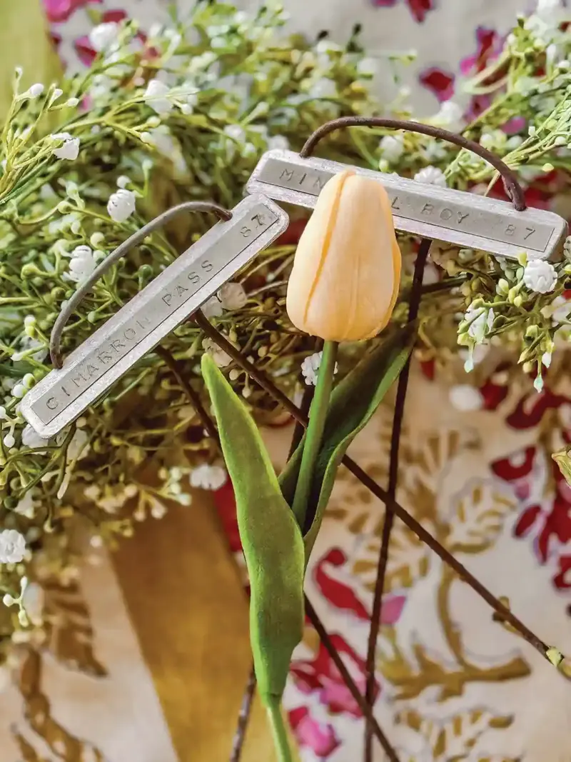 tulips and garden labels for spring tablescape