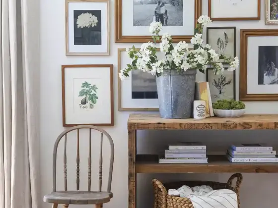 gallery wall of framed black and white and botanical art
