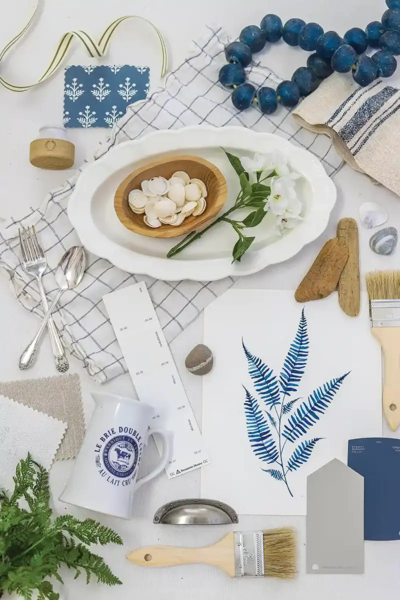 white and blue accessories in moodboard